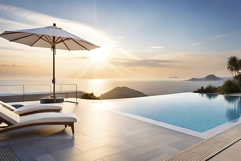 infinity pool with lounger and sunset