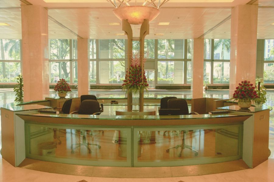 Reception desk in hotel lobby